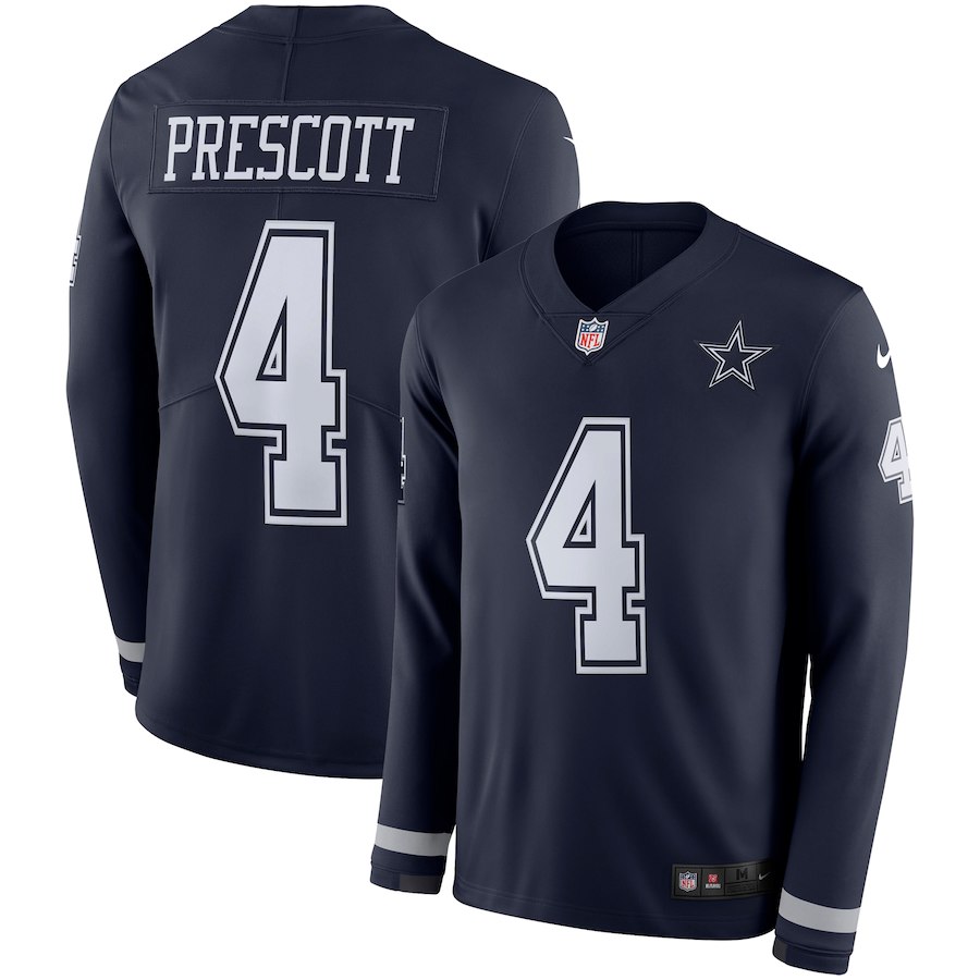 Men Dallas Cowboys #4 Prescott blue Limited NFL Nike Therma Long Sleeve Jersey->denver broncos->NFL Jersey